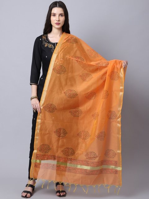 LOOM LEGACY Orange & Gold-Toned Ethnic Motifs Woven Design Cotton Silk Dupatta with Zari