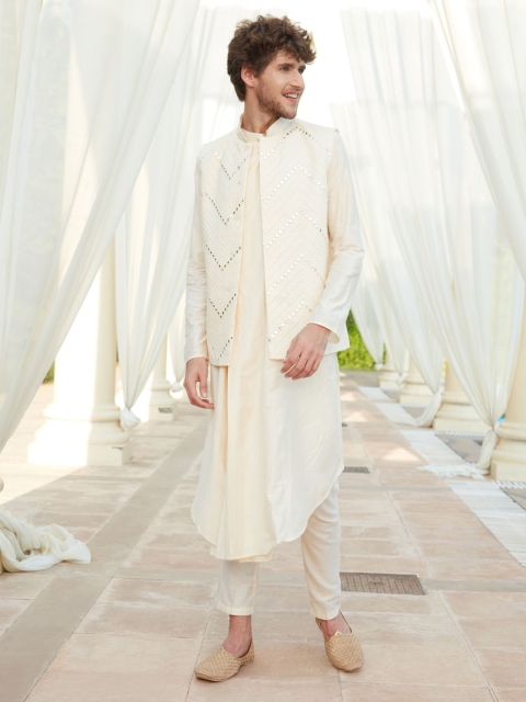 VASTRAMAY Men Angrakha Solid Kurta With Churidar & Mirror Work Nehru Jacket