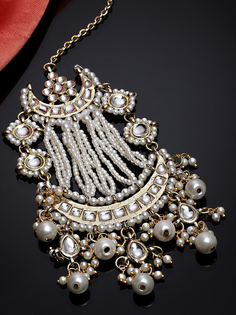 KARATCART Gold-Plated & White Kundan Studded & Beaded Jhumar Passa