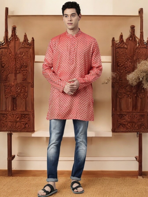 TATTVA Men Red Geometric Thread Work Kurta - Image 6