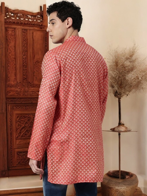 TATTVA Men Red Geometric Thread Work Kurta - Image 5