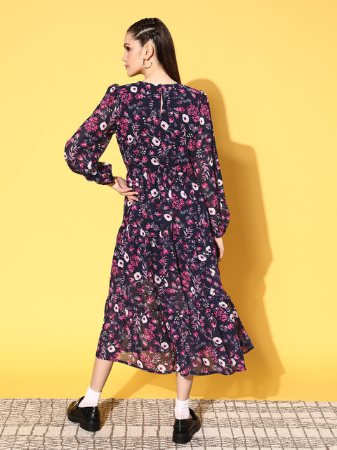 plusS Women Deep Navy Blue Floral Resort Wear Dress - Image 5