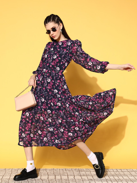 plusS Women Deep Navy Blue Floral Resort Wear Dress