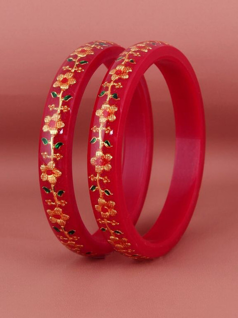 LUCKY JEWELLERY Maroon & Gold-Toned Sankha & Bengali Pola Traditional Bangles