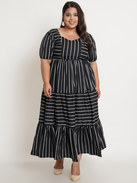 U&F Plus Size Women Black & White Striped Crepe Maxi Dress