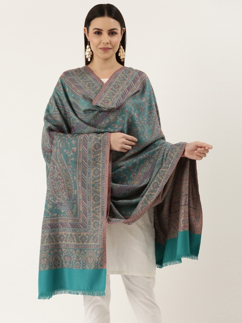 Pashmoda Women Teal Woven Design Wool Jamawar Shawl