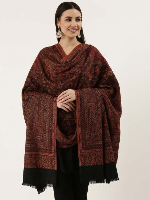 Pashmoda Women Black & Brown Woven Design Wool Jamawar Shawl