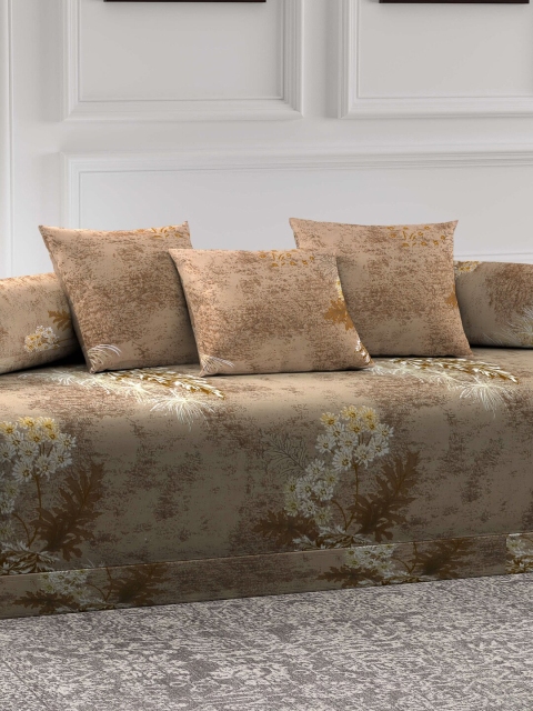 Arrabi Brown Set of 6 Floral Print Diwan Set - Image 2
