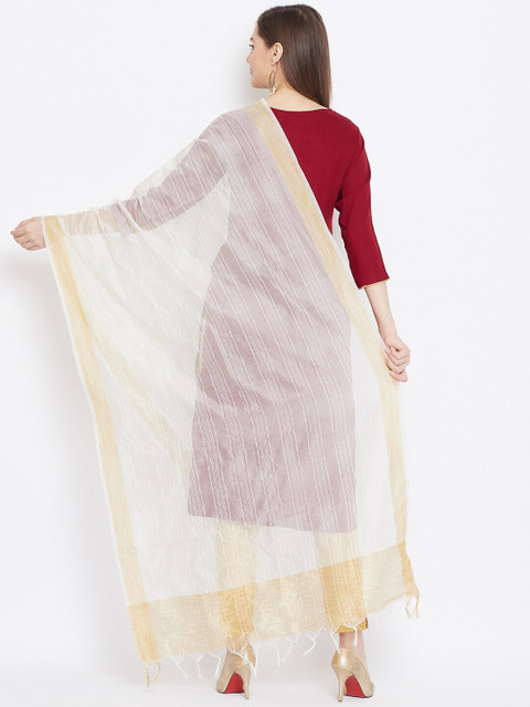 Clora Creation Cream-Coloured & Gold-Toned Striped Dupatta - Image 4