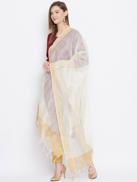 Clora Creation Cream-Coloured & Gold-Toned Striped Dupatta - Image 3