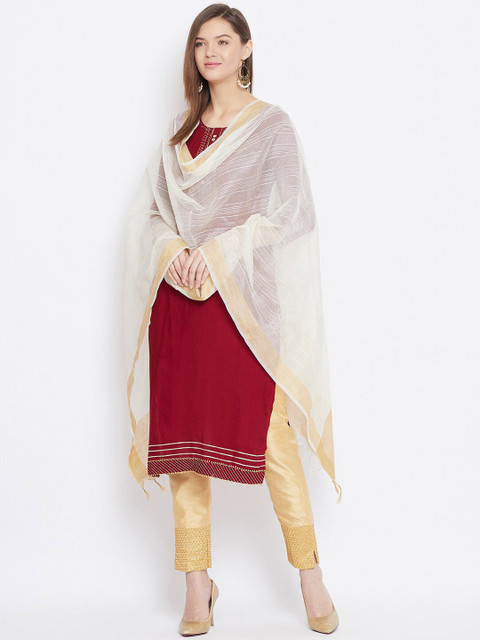 Clora Creation Cream-Coloured & Gold-Toned Striped Dupatta - Image 5