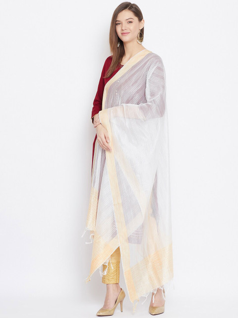 Clora Creation White & Gold-Toned Striped Tissue Silk Dupatta - Image 3
