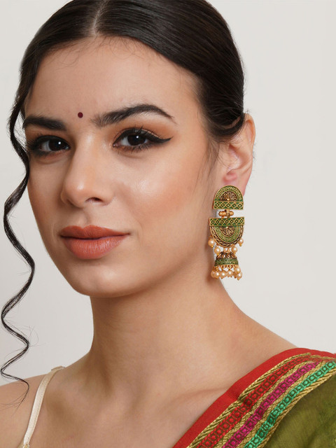KARATCART Green & Gold-Plated Classic Jhumkas Earrings - Image 4