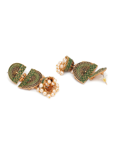 KARATCART Green & Gold-Plated Classic Jhumkas Earrings - Image 3