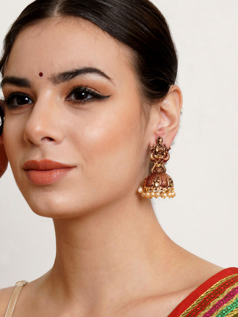 KARATCART Maroon & Gold-Plated Antique Dome Shaped Jhumkas Earrings - Image 4