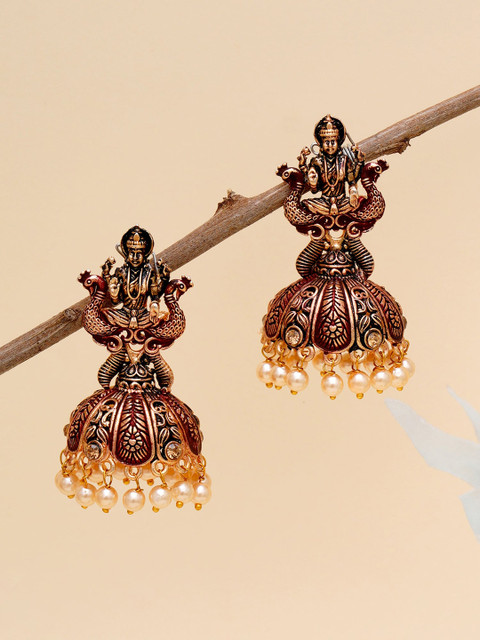 KARATCART Maroon & Gold-Plated Antique Dome Shaped Jhumkas Earrings