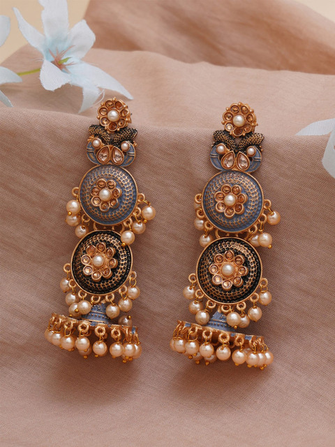 KARATCART Grey & Gold-Plated Antique Classic Jhumkas Earrings