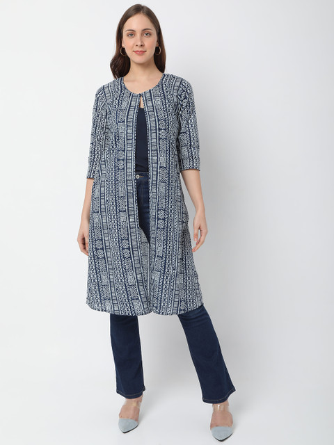 Smarty Pants Women Blue & White Printed Longline Shrug