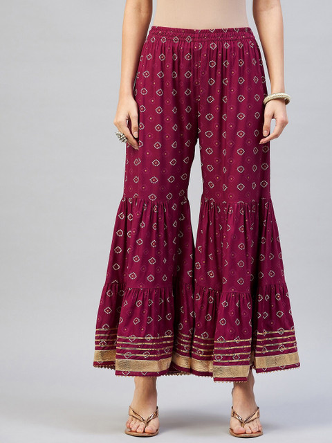 InWeave Women Maroon & White Printed Flared Gota Work Ethnic Sharara