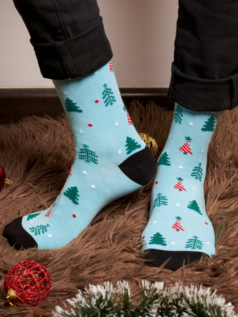 Mint & Oak Turquoise Men Blue X-mas Patterned Calf Length Socks