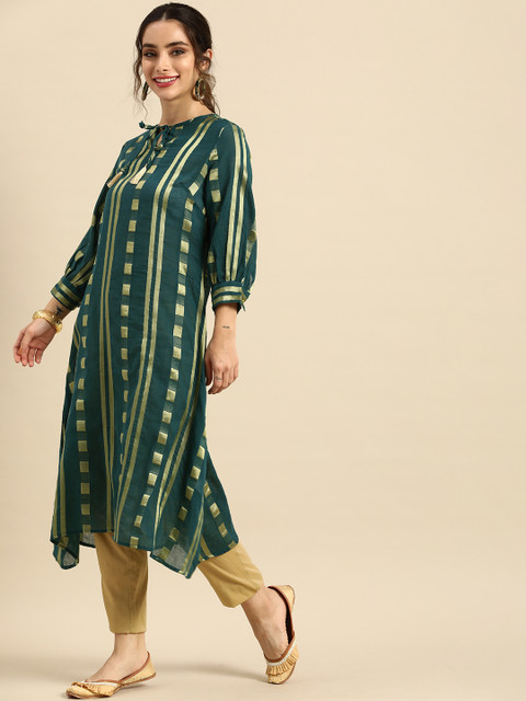 Sangria Women Green Woven Design Puff Sleeves Kurta with Tie-Ups Detail - Image 3