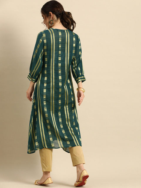 Sangria Women Green Woven Design Puff Sleeves Kurta with Tie-Ups Detail - Image 4