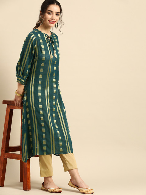 Sangria Women Green Woven Design Puff Sleeves Kurta with Tie-Ups Detail - Image 5