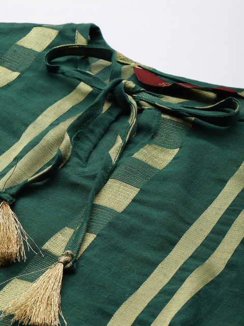 Sangria Women Green Woven Design Puff Sleeves Kurta with Tie-Ups Detail - Image 2