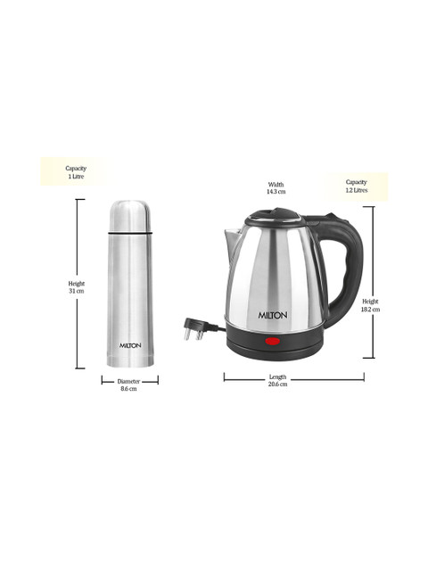 Milton Silver Combo Set of Go Electro Kettle 1.2 Ltrs & Flip Lid Thermos with Jacket-1 Ltr - Image 5