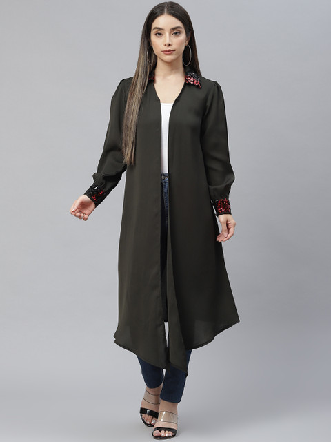 Cottinfab Women Black Embellished Longline Shrug