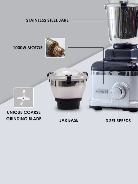 Wonderchef White & Black Mixer Grinder with 4 Stainless Steel Jars - Image 4