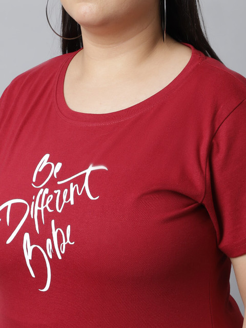 UnaOne Women Plus Size Maroon Typography Printed Regular Fit T-shirt - Image 2