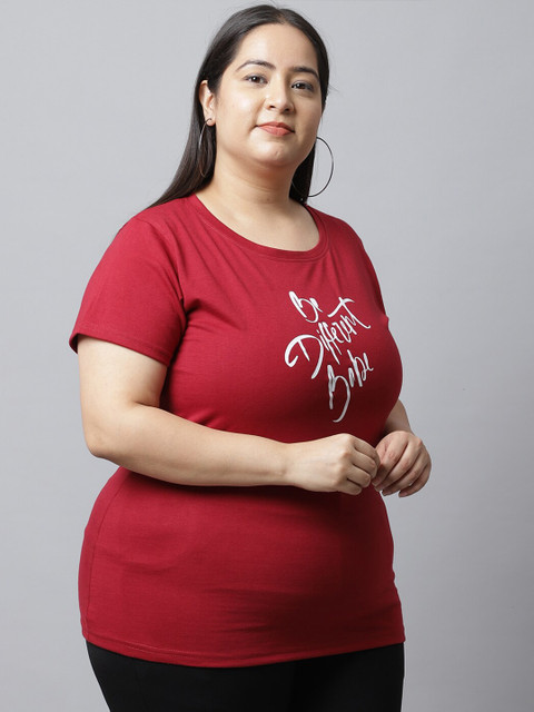 UnaOne Women Plus Size Maroon Typography Printed Regular Fit T-shirt - Image 3