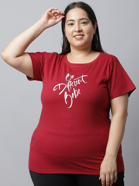 UnaOne Women Plus Size Maroon Typography Printed Regular Fit T-shirt