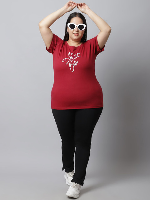 UnaOne Women Plus Size Maroon Typography Printed Regular Fit T-shirt - Image 6