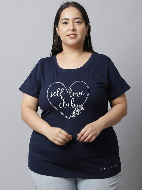 UnaOne Women Plus Size Navy Blue Typography Printed Regular Fit T-shirt