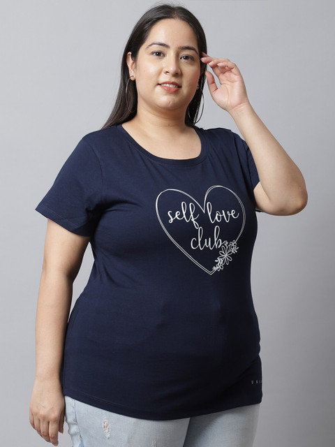 UnaOne Women Plus Size Navy Blue Typography Printed Regular Fit T-shirt - Image 3