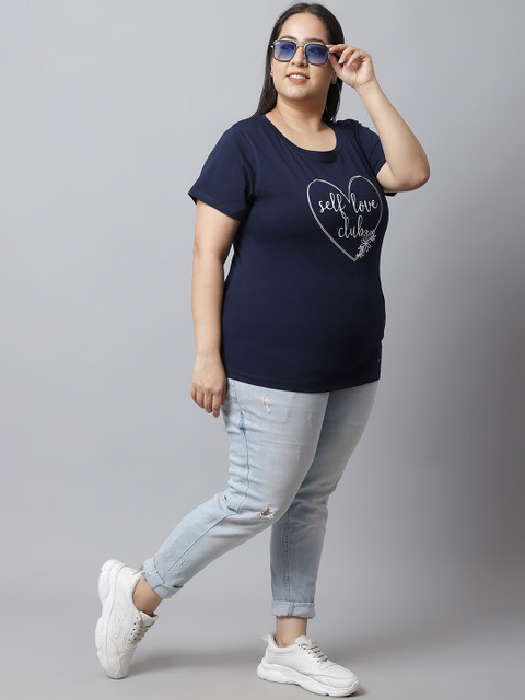 UnaOne Women Plus Size Navy Blue Typography Printed Regular Fit T-shirt - Image 6