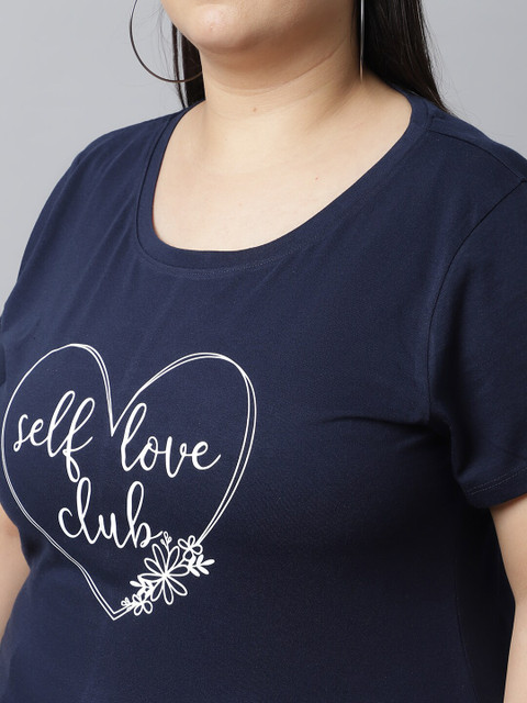 UnaOne Women Plus Size Navy Blue Typography Printed Regular Fit T-shirt - Image 2