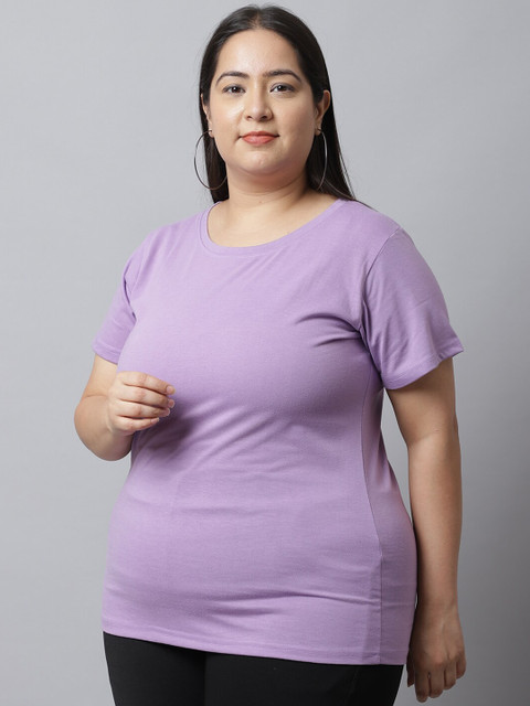 UnaOne Women Plus Size Lavender Regular Fit Pure Cotton T-shirt - Image 4