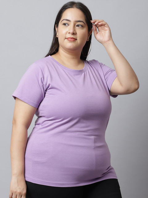 UnaOne Women Plus Size Lavender Regular Fit Pure Cotton T-shirt - Image 3