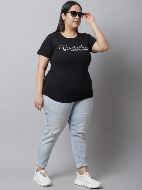 UnaOne Women Plus Size Black Typography Printed Cotton Regular Fit T-shirt - Image 6