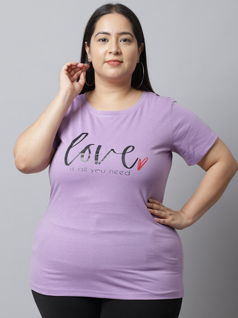 UnaOne Women Plus Size Lavender Typography Printed Regular Fit T-shirt