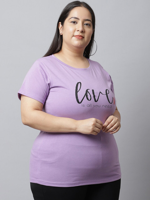 UnaOne Women Plus Size Lavender Typography Printed Regular Fit T-shirt - Image 3
