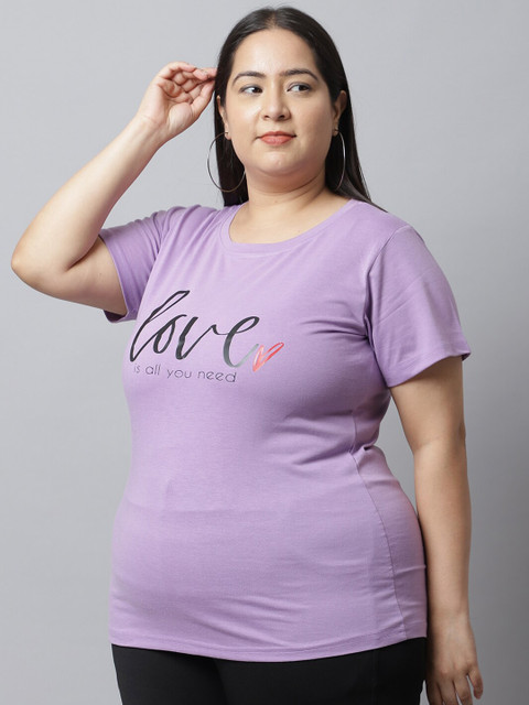 UnaOne Women Plus Size Lavender Typography Printed Regular Fit T-shirt - Image 4
