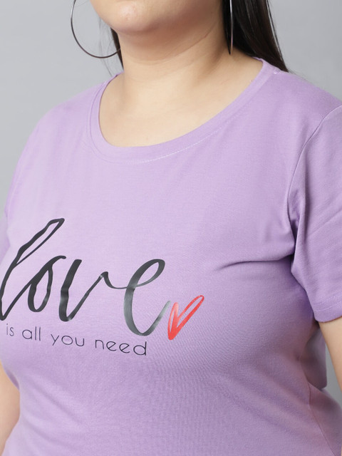 UnaOne Women Plus Size Lavender Typography Printed Regular Fit T-shirt - Image 2