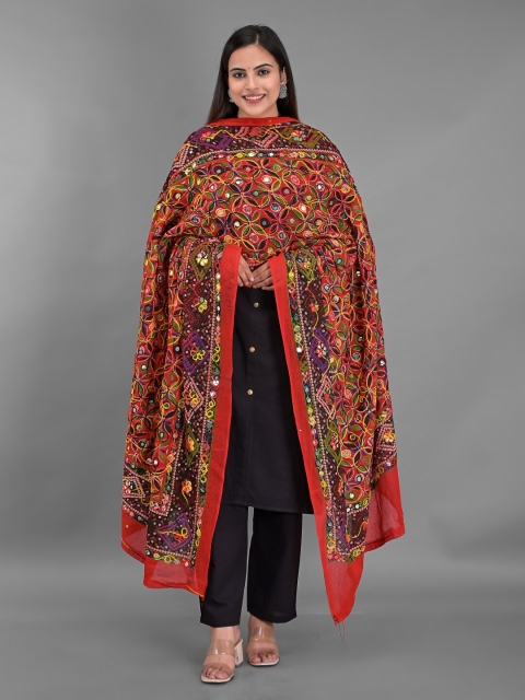 Apratim Women Red & Purple Ethnic Motifs Embroidered Mirror Work Cotton Blend Dupatta - Image 5