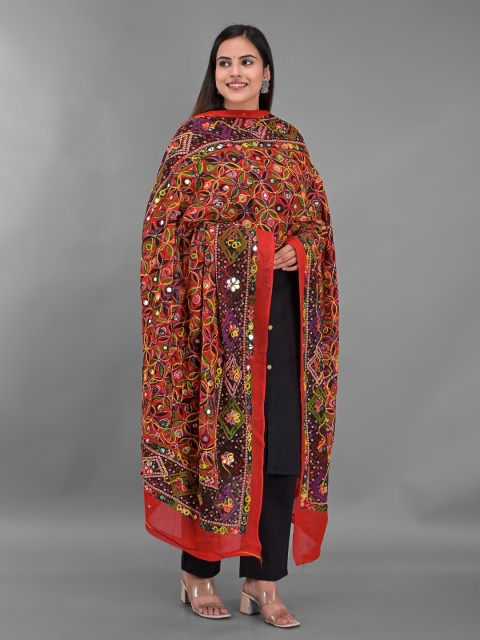 Apratim Women Red & Purple Ethnic Motifs Embroidered Mirror Work Cotton Blend Dupatta - Image 3