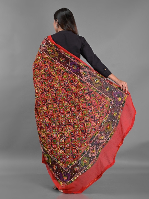 Apratim Women Red & Purple Ethnic Motifs Embroidered Mirror Work Cotton Blend Dupatta - Image 4