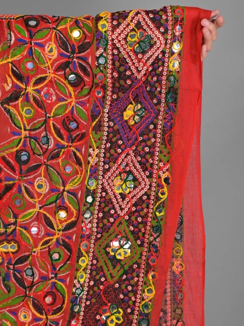 Apratim Women Red & Purple Ethnic Motifs Embroidered Mirror Work Cotton Blend Dupatta - Image 2